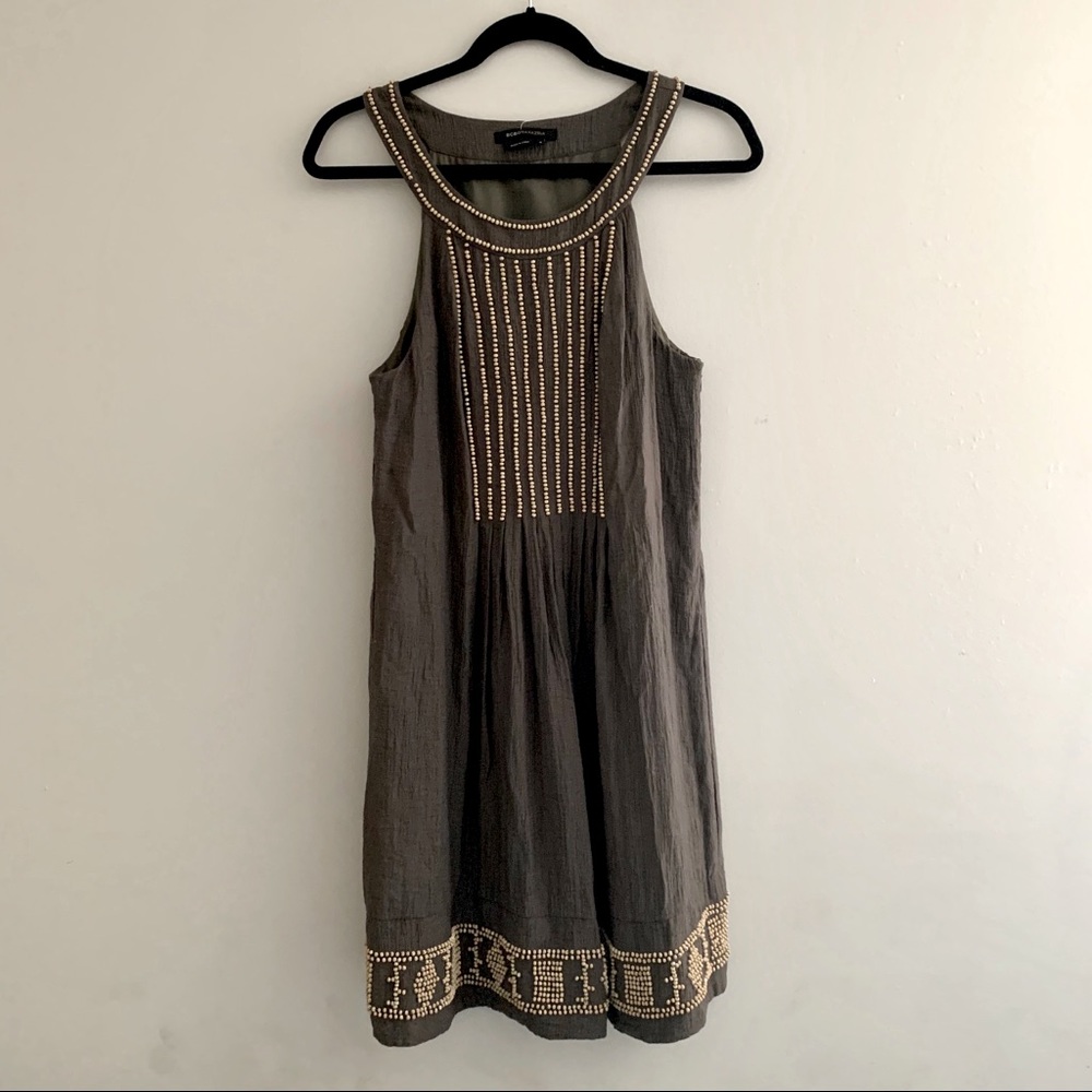 BCBG wooden bead pattern dress in olive green